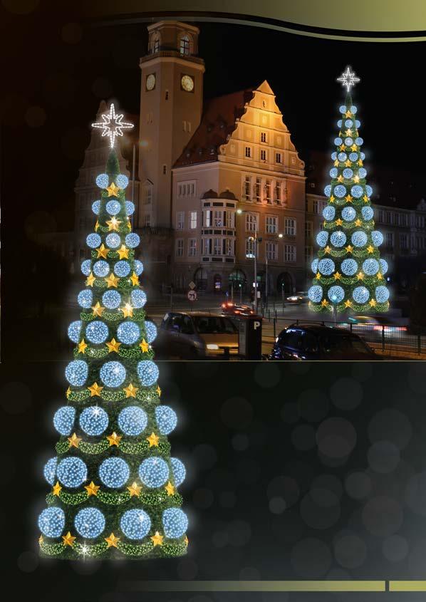 CHOINKI Z DEKORACJĄ STOŻKI GIGANTY STD27 girlanda świerk zielony czubek wzór POL617 lampki LED niebieskie, zielone ozdoby PCV girlanda zielona gwiazdy złote Stożek GIGANT wys. śred. wag.