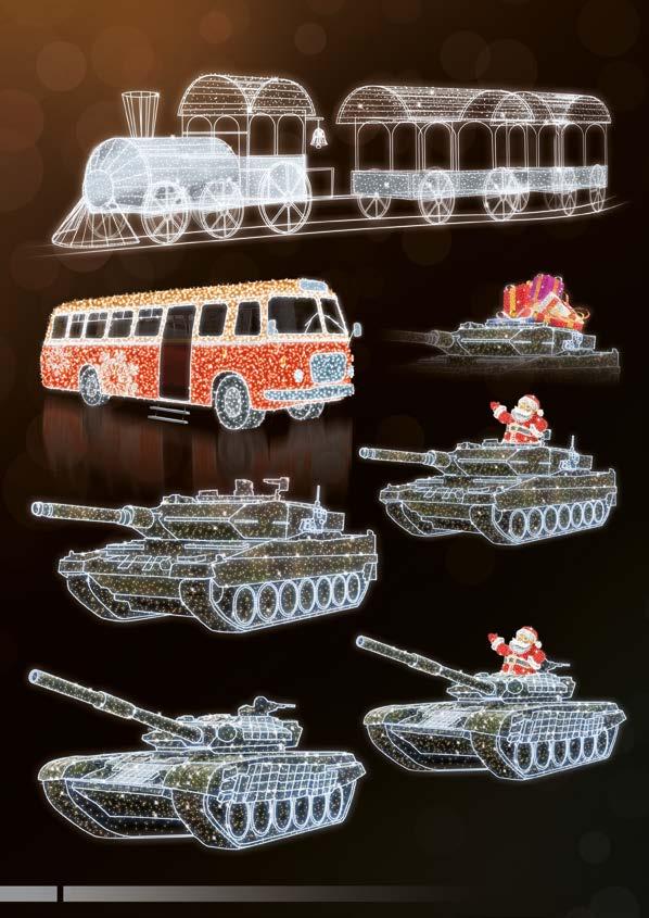 DEKORACJE 3D POCIĄG, AUTOBUS, CZOŁGI ILUMINACJE ŚWIETLNE POL-2928 300x175x900 cm LED1200W POL-2930PR 380x370x970 cm LED3200W POL-2929 230x250x1000 cm LED3500W Możliwość wejścia do środka pojazdu.