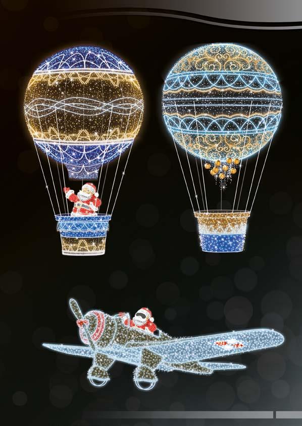 DEKORACJE 3D BALONY, SAMOLOT POL-2932 600x350 cm LED 1900 POL-2932MI 600x350 cm LED2000W POL-2932PR 600x350 cm LED2100W Balony i samolot mogą być uzupełnione figurą mikołaja lub prezentami lub