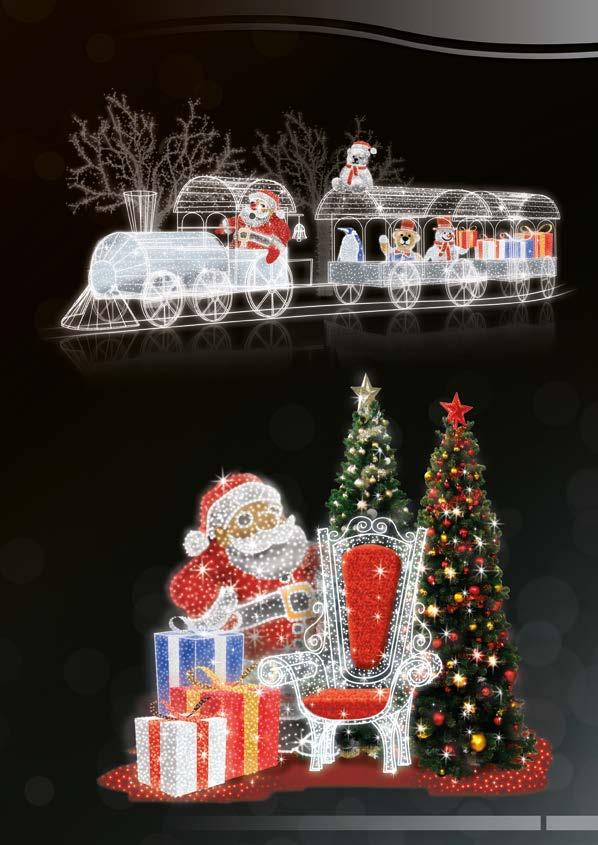 DEKORACJE 3D POCIĄG MIKOŁAJA, FOTEL MIKOŁAJA POL-1652 330x 900x175cm LED1750W Pociąg mikołaja - zestaw figur 3D (mikołaj, misie, bałwan, pingwin, prezenty, drzewka) w pociągu.