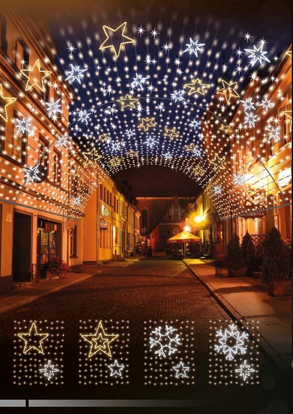 DEKORACJE ULICZNE PRZEJŚCIA, TUNELE ILUMINACJE ŚWIETLNE Sklepienia z kurtyn LED mogą być ozdobione dwolnymi figurami płaskimi z węża LED.