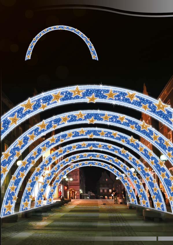 DEKORACJE ULICZNE PRZEJŚCIA, TUNELE POL-1370M 210x500x100 cm LED275W Wysokie łuki z węża LED i lampek. Ustawione nad chodnikami mogą tworzyć pojedyncze przejścia lub długie rozświetlone tunele.