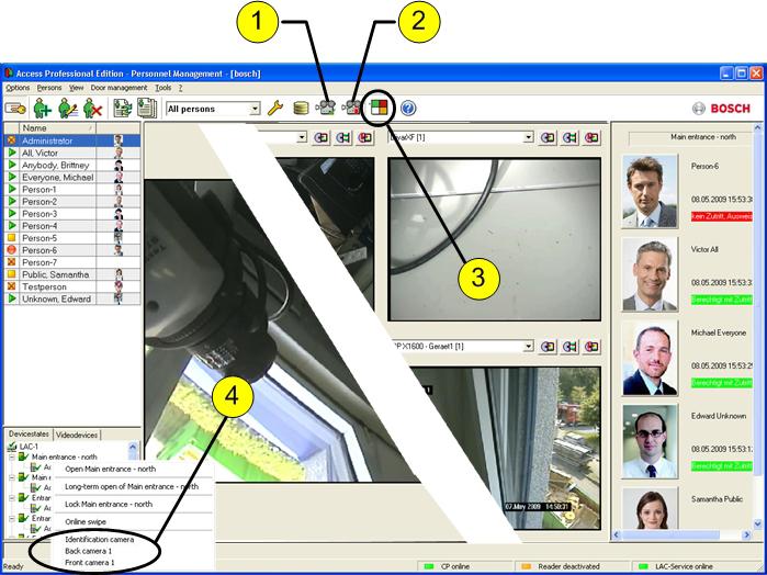 76 pl Integracja systemu wizyjnego Access Professional 1 = Video verification (Weryfikacja wideo) otwiera okno dialogowe do porównywania obrazów w przypadku zdarzenia żądania dostępu.
