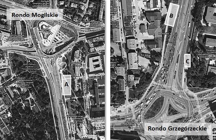 Rys.1. Mapka poglądowa z zaznaczeniem punktów pomiarowych. Źródło: www.mapy.google.pl.
