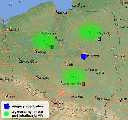 Konstrukcja modelu - wyznaczenie lokalizacji magazynu w danym systemie transportowym Wyznaczenie koordynat nowych lokalizacji magazynów w oparciu o metodę środka