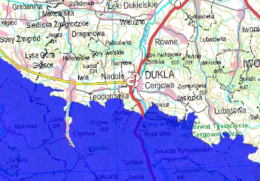 1. Trzcina, 2. Łysa Góra, 3. Ostoja Jaśliska, 4. Jasiołka (źródło: natura2000.gdos.gov.pl) Ryc. 6. Obszar specjalnej ochrony ptaków Beskid Niski a lokalizacja terenu złoża Iwla (źródło: natura2000.