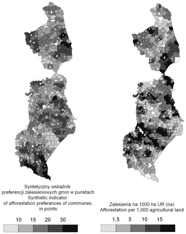 Zalesienia gruntów rolnych na obszarach wiejskich wschodniego pogranicza Polski 99 Średnia wartość omawianego wskaźnika dla obszarów wiejskich wschodniego pogranicza Polski wynosi 16 punktów.