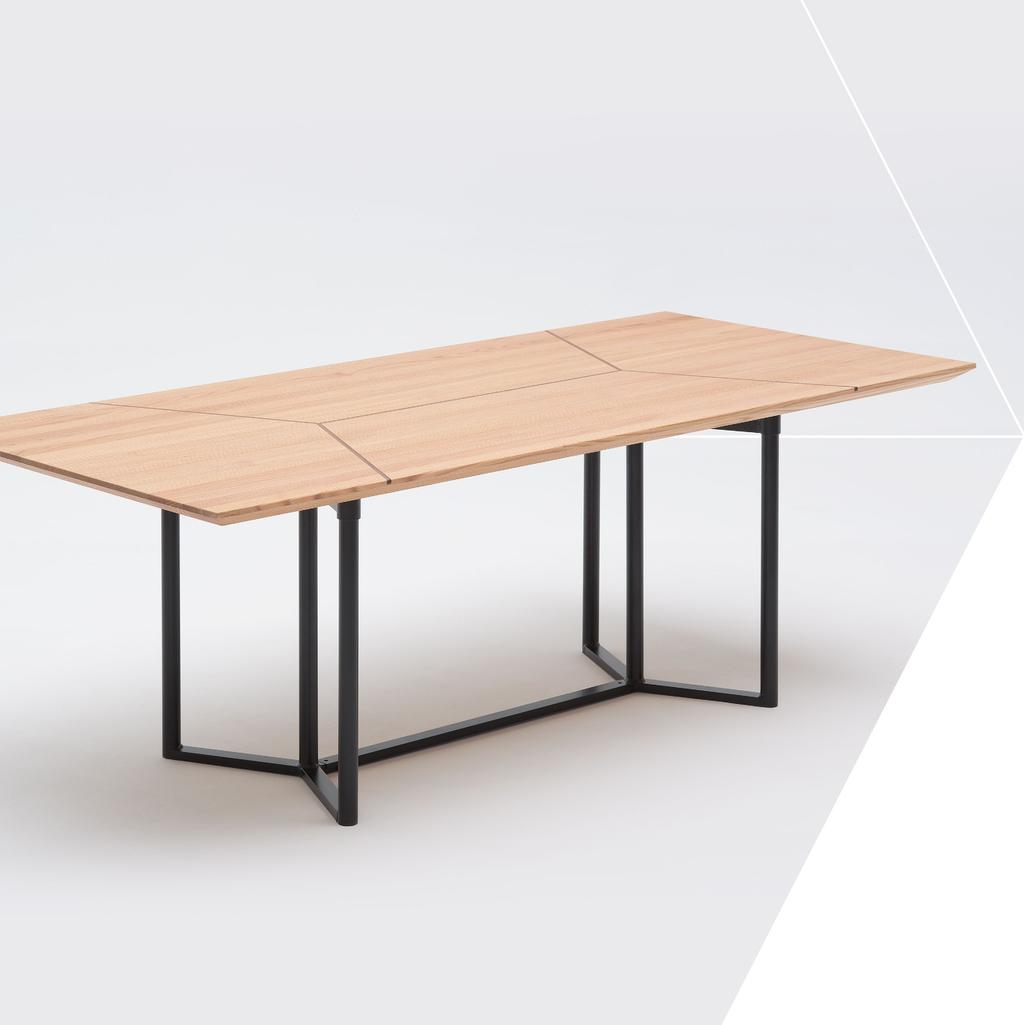 VECTOR R Stół jadalniany / Dining table 220x100 / h=76 Blat: dąb czerwony naturalny Wstawki: dąb czarny / orzech Podparcie: aluminium / stal Standardowym wykończeniem powierzchni blatu jest