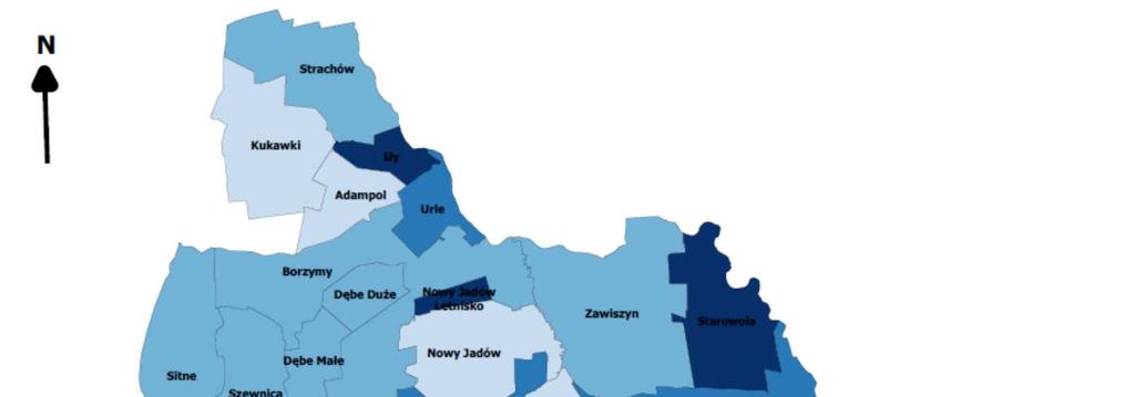 Kukawki (6,38) Nowinki (6,35) Wójty (3,56) Wskaźnik ten jest jednak relatywnie wysoki na obszarze całej Gminy Jadów, mimo że podlegał istotnym wahaniom na przestrzeni ostatnich lat.
