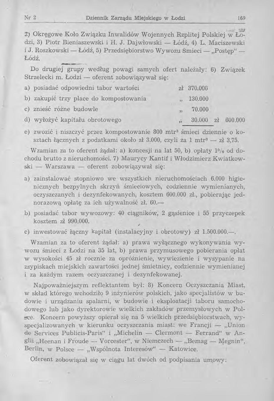 Nr 2 Dziennik Zarządu Miejskiego w Łodzi 169 2) Okręgowe Koło Związku Inwalidów Wojennych Rzplitej Polskiej w ŁQ: dzi, 3) Piotr Bieniaszewski i H. J. Dajwłowski - Łódź, 4) L. Maciszewski i J.