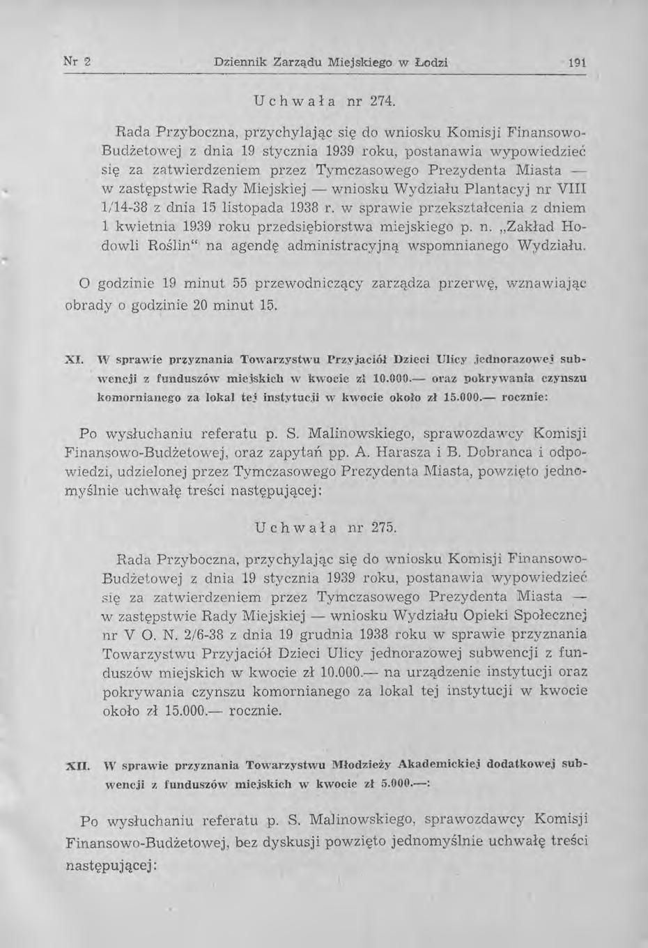 Nr 2 Dziennik Zarządu Miejskiego w Łodzi 191 u C h wał a nr 274.