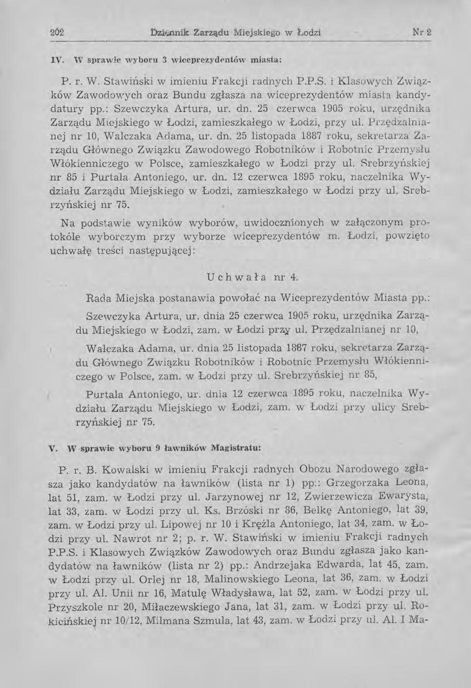 202!)zj.;.nnik Zarządu Miejskiego w Łodzi Nr 2 IV. 'V sprawie wyboru 3 wiceprezydt>ntów miasta: P. 1'. W. St