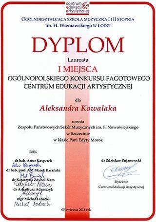 04.2018 r.; Grand Prix na X Festiwalu Piosenki Angielskiej - Barlinek, 21.03.2018 r.; I miejsce w kategorii 17-20 lat i nagroda specjalna w VI Konkursie Piosenki Żołnierskiej - Kołobrzeg, 27.05.