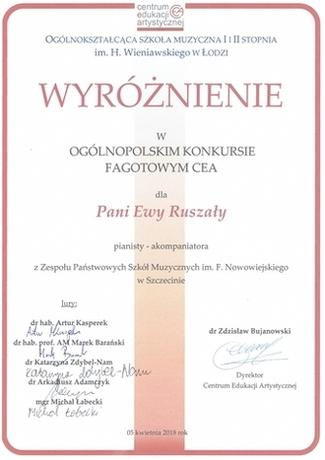 04.2018 r.; wyróżnienie na III Festiwalu Papieskim im. Jana Pawła II - Banie, 18.05.2018 r. Katarzyna Olczykowska - klasa śpiewu jazzowego Jolanty Szczepaniak-Przybylińskiej: I miejsce w Konkursie Improwizacji Jazzowej - Zachodniopomorskie Forum Artystyczne - Szczecin, 20.