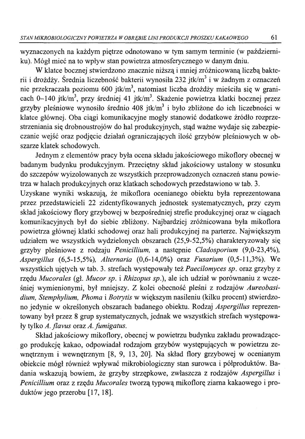 STAN MIKROBIOLOGICZNY POWIETRZA W OBRĘBIE LINI PRODUKCJI PROSZKU KAKAOWEGO 61 wyznaczonych na każdym piętrze odnotowano w tym samym terminie (w październiku).