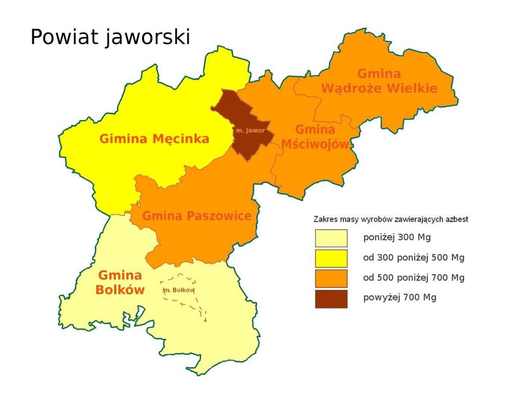 Na podstawie przedstawionych wyliczeń, łączna ilość wyrobów zawierających azbest w powiecie jaworskim wynosi ok. 3.360 Mg.