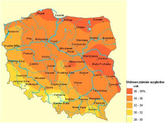 Rysunek 2. Usłonecznienie względne na terenie Polski Źródło: http://maps.igipz.pan.pl/atlas/ Rysunek 3.