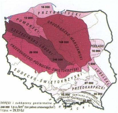 Rysunek 7. Potencjał energii geotermalnej z uwzględnieniem okręgów i subbasenów Źródło: Roman Ney i Julian Sokołowski, 1992.