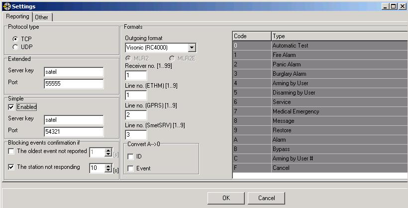 SATEL SMET-SERVER 9 OKNO SETTINGS Zakładka Reporting Protocol type Należy wybrać protokół (TCP lub UDP), który używany będzie do komunikacji (przesyłanie zdarzeń przez urządzenia przypisane do grupy,