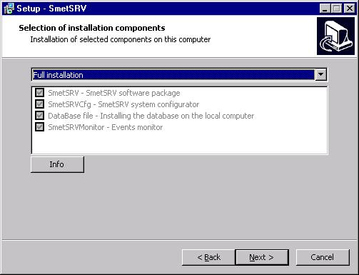 2 SMET-SERVER SATEL Po wybraniu instalacji Full installation zostanie zainstalowany pełen pakiet składników systemu, tzn.