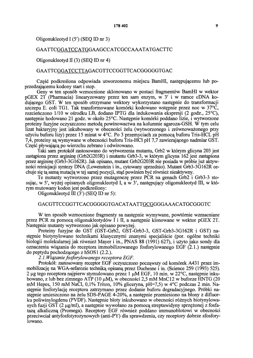 178 402 9 Oligonukleotyd I (5') (SEQ ID nr 3) GAATTCGGATCCATGGAAGCCATCGCCAAATATGACTTC Oligonukleotyd II (3) (SEQ ID nr 4) G AATTCGG AT CCTT AG ACGTT CCGGTT C ACGGGGGT GAC Część podkreślona odpowiada