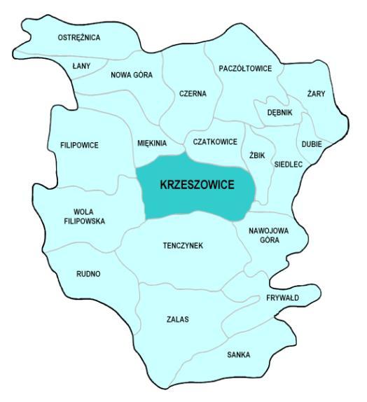 pl Gminę tworzy miasto Krzeszowice wraz z osiedlami: Parkowe, Centrum, Jurajskie, Nowy Świat, Czatkowice, Żbik, oraz 18 sołectw: Czerna, Dębnik, Dubie, Filipowice, Frywałd, Łany, Miękinia, Nawojowa