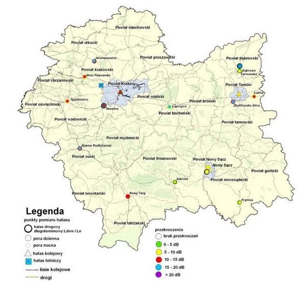 Rysunek 3. Lokalizacja punktów pomiarowych hałasu komunikacyjnego na terenie województwa małopolskiego.