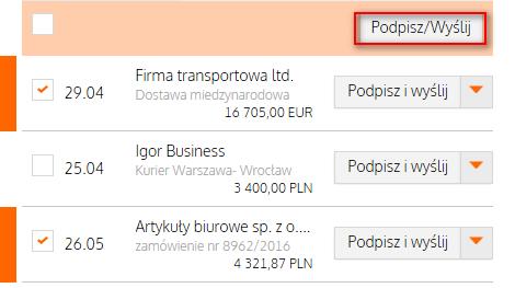 Dla kilku zleceń, wniosków lub wiadomości jednocześnie zaznacz checkboxy przy wybranych pozycjach tabeli i wykonaj akcję grupową. Przycisk akcji grupowej pojawi się w miejscu nagłówka.