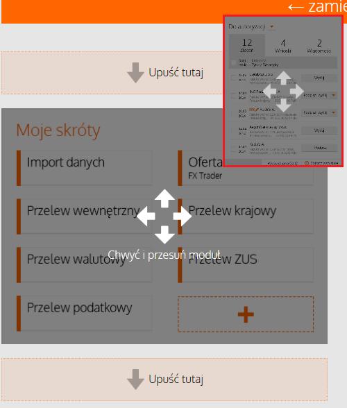 Przeciągnij miniaturę modułu na ekran - miejsce, w którym możesz umieścić moduł oznaczone jest kolorowym tłem i opisem Upuść tutaj. Moduł ten zajmuje szerokość 2/5 ekranu.