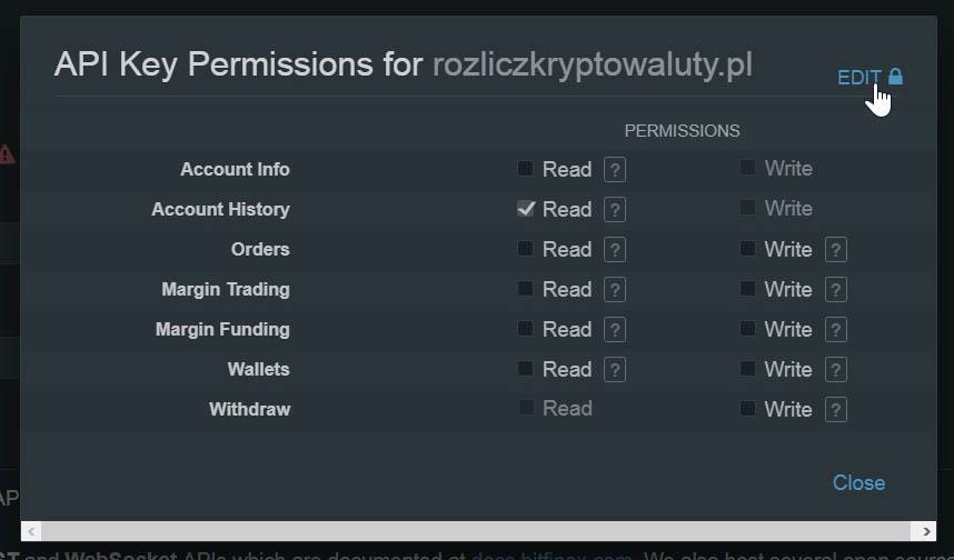 Account > API. Platforma Bitfinex umożliwia edycję uprawnień klucza, a także ich usuwanie.