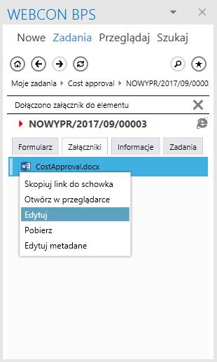 2.2. Rozbudowa WEBCON BPS Outlook Add-In 2.2.1. Wyszukiwanie według ID lub sygnatury elementu Wprowadzono możliwość szybkiego wyszukania w skrzynce odbiorczej powiązanych z elementem e-maili.