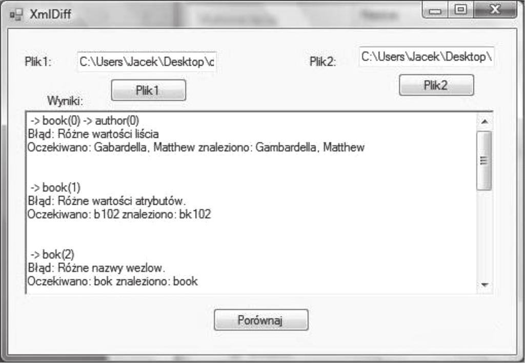 133 Po uruchomieniu aplikacji pojawia się główne okno aplikacji, pozwalające na wprowadzenie za pomocą przycisków Plik1 i Plik2 ścieżki porównywanych plików XML.