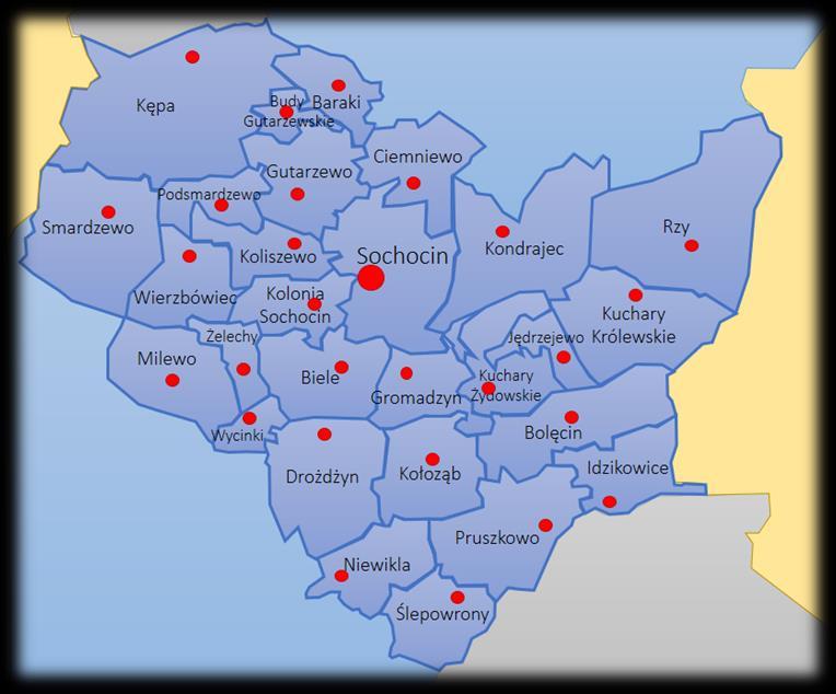 Mapa 3. Podział administracyjny gminy Sochocin. Źródło: Opracowanie własne, na podstawie Statutu Gminy Sochocin. Tabela 4. Powierzchnia sołectw i ich procentowy udział w powierzchni całkowitej gminy.