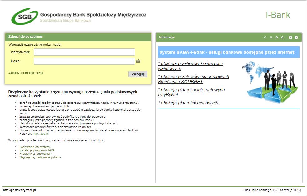 Rys. 7: Okno startowe programu I-Bank Dodatkowo na ekranie startowym znajdują się linki do instrukcji szczegółowych: Logowanie do systemu, Instalacja programu JAVA (potrzebna tylko przy autoryzacji
