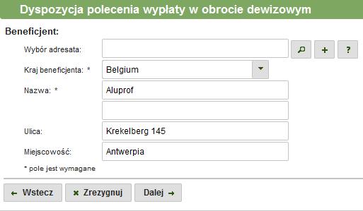 Źródło finansowania w polu domyślnie jest wpisywany numer rachunku nadawcy, ale zawartość pola można zmienić.