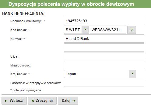 Przycisk (Rys. 23): otwiera trzeci ekran formularza, na którym należy wpisać dane Banku beneficjenta Rys.