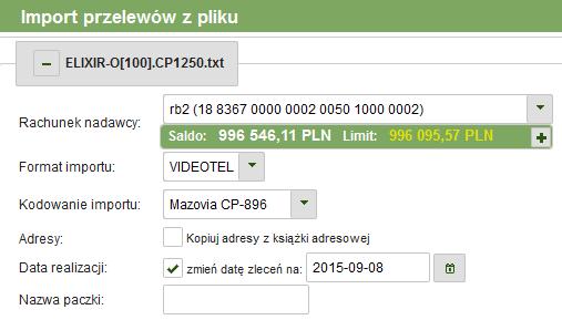 Rys. 30: Ekran 2 - formularza importu - parametry Rachunek nadawcy - należy go wybrać z listy dostępnych rachunków.