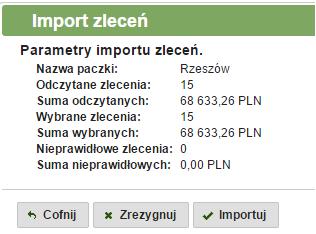 34: Ekran 6 formularza importu - podsumowanie Tutaj jeszcze Klient może wrócić do poprzednich ekranów wciskając przycisk, lub zrezygnować z importu przelewów wybierając opcje.