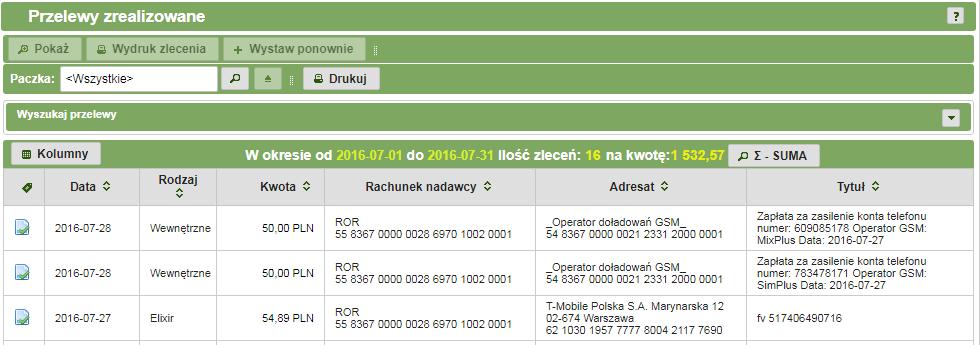 rachunku, waluty oraz wprowadzenia nazwy kontrahenta i tytułu. Wyszukiwanie według zadanych kryteriów zatwierdza się przyciskiem. 3.4.2.