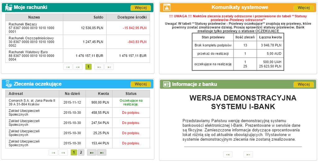 Moje rachunki lista rachunków dostępnych w ramach bankowości elektronicznej wraz z informacjami o saldzie oraz dostępnych środkach; Komunikaty systemowe komunikaty dotyczące ważnych informacji o