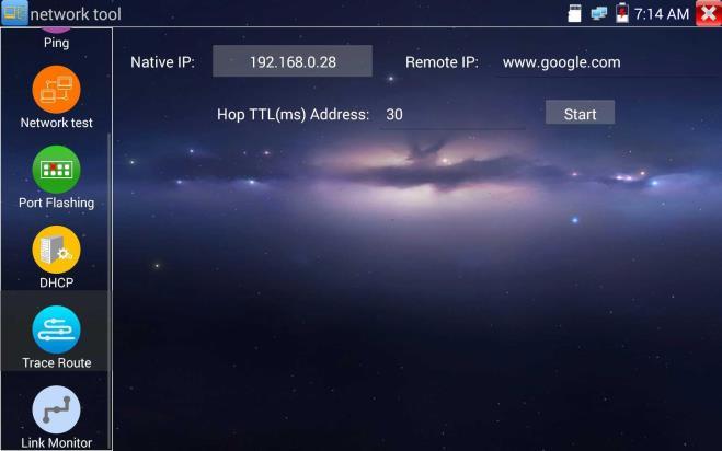 Kliknij przycisk start, aby prześledzić trasę pakietów do miejsca docelowego. (7)Monitor łączy Kliknij ikonę, aby otworzyć aplikację Link Monitor.