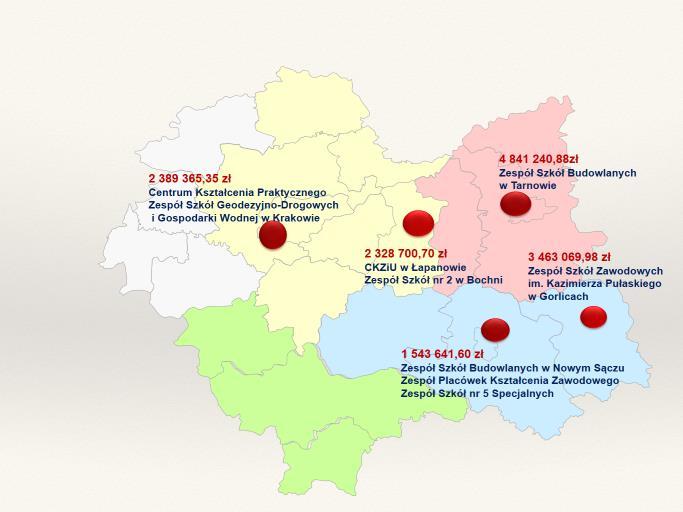 Rys.3 Wartości realizowanych projektów Centrów Kompetencji Zawodowych w Małopolsce w branży budowlanej i ich rozmieszczenie W drugiej połowie 2017 roku rozpoczęto działania na rzecz powołania