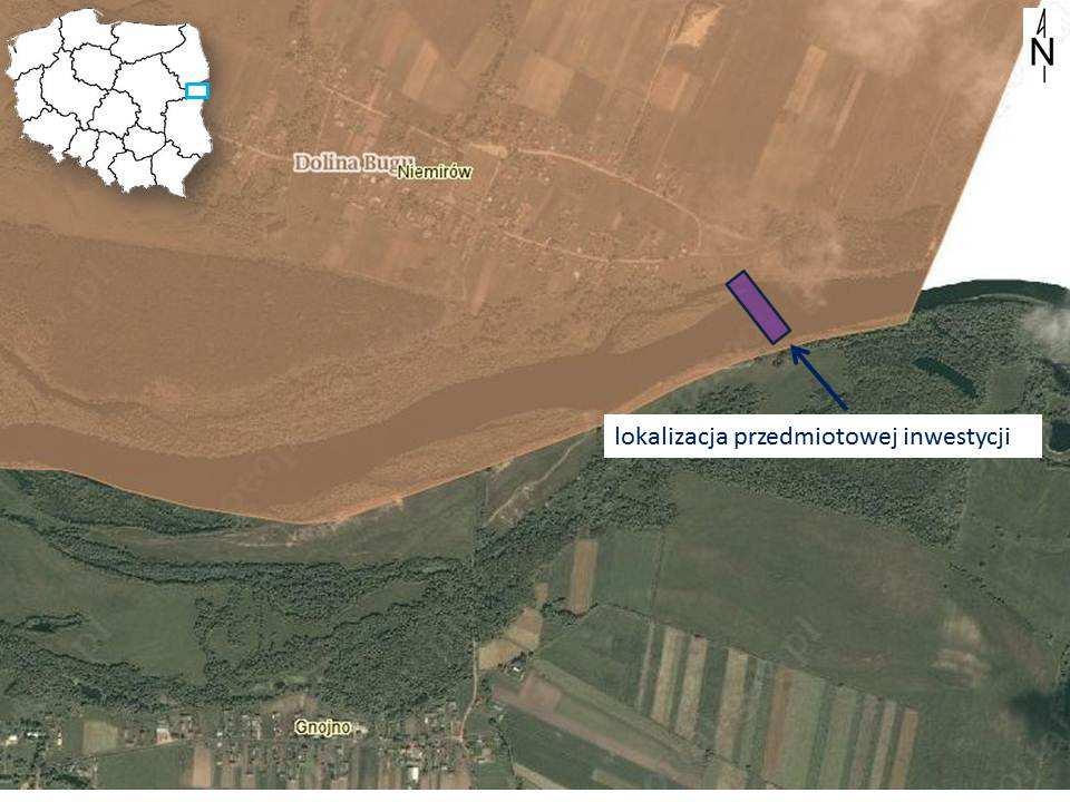3.3. Obszary Chronionego Krajobrazu; Dolina Bugu w zakresie Niemirowa i Gnojna, Rys: Położenie planowanej inwestycji na tle obszaru chronionego krajobrazu Dolina Bugu Źródło: Inwentaryzacja