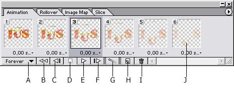 Lekcja 9 13 Możesz zaznaczać klatkę przez kliknięcie jej miniaturki w palecie Animation. Okno obrazu i paleta Layers zostanie automatycznie uaktualnione, tak, aby przedstawić stan wybranej klatki.