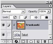 Lekcja 9 27 2 W palecie Layers upewnij się, że są widoczne obydwie warstwy Truskawki i Tekst. Aby truskawki były widoczne tylko wewnątrz tekstu musimy utworzyć grupę wycinającą (Clipping Group).