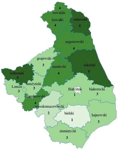 16 Najmniejszym stopniem zagrożenia ubóstwem zarówno w roku 2011, jak i w 2012 charakteryzuje się Białystok i powiat bielski.