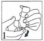 2. Trzymając inhalator w pozycji pionowej z ustnikiem skierowanym w dół należy popchnąć w