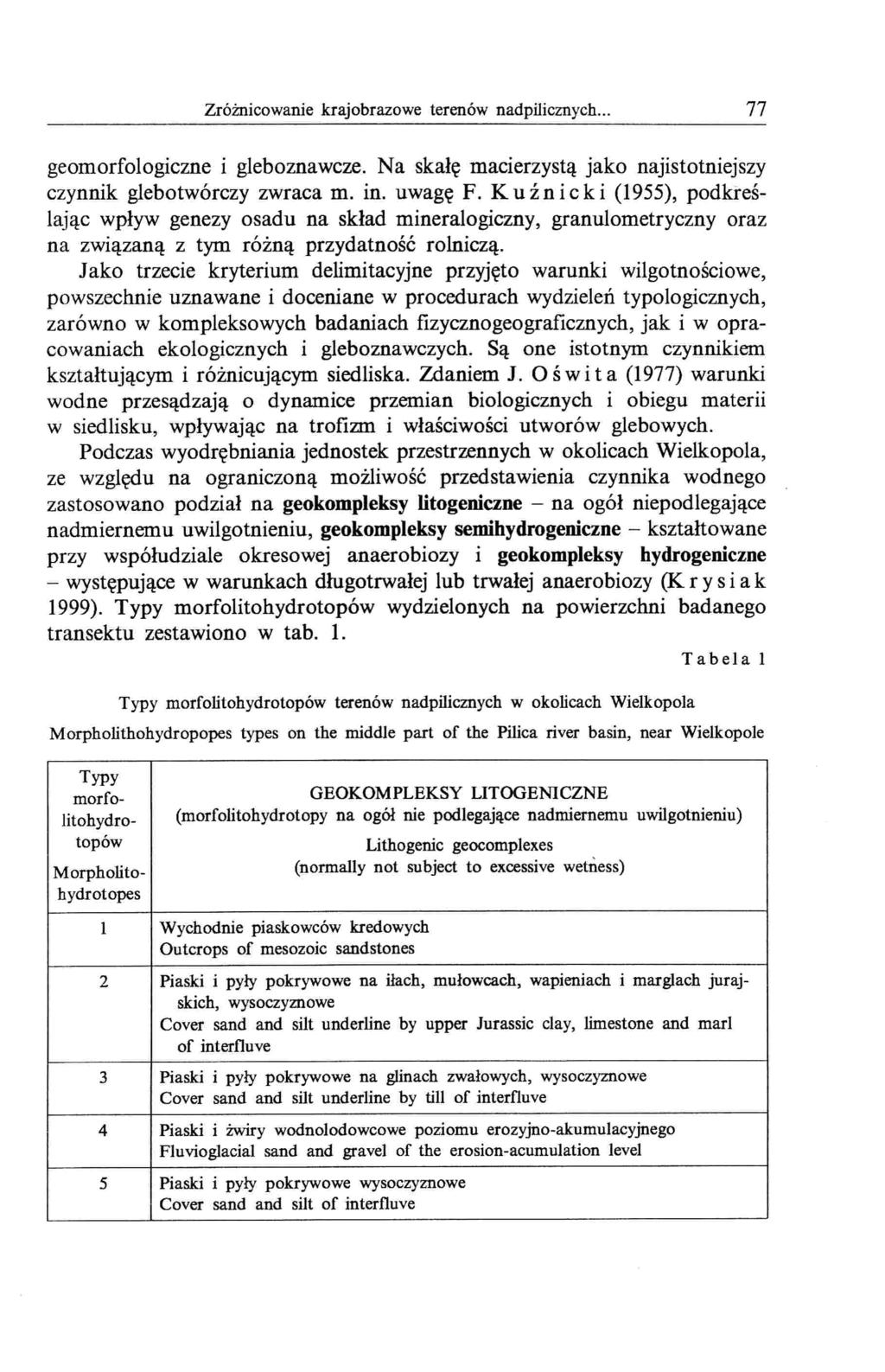 Zróżnicowanie krajobrazowe terenów nadpilicznych... 77 geomorfologiczne i gleboznawcze. Na skałę macierzystą jako najistotniejszy czynnik glebotwórczy zwraca m. in. uwagę F.