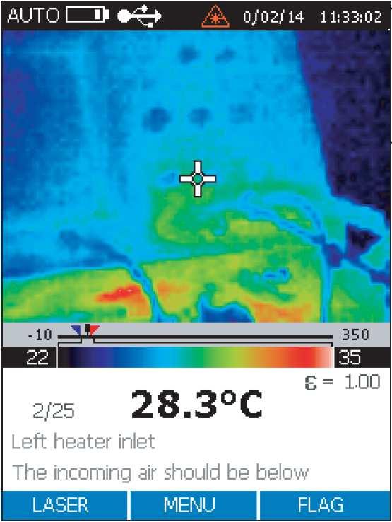 Przykład Thermal Imager Ti20 Fluke ekran LCD Nagłówek ekranu Punkt pomiaru temperatury Wynik pomiaru
