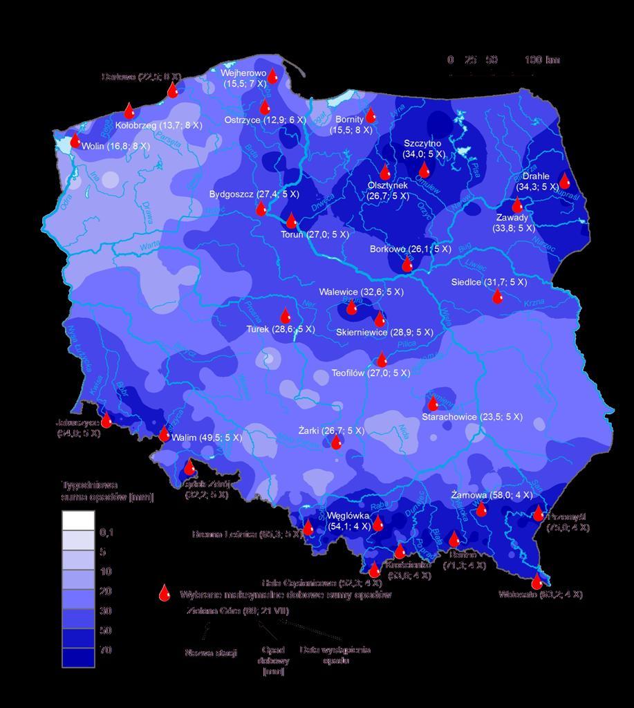 3. Rozkład tygodniowej sumy opadów oraz wybrane maksymalne dobowe